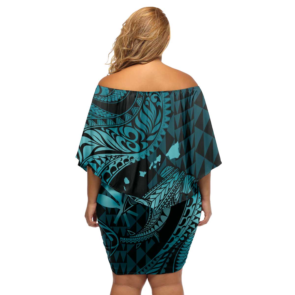 Aloha Hawaii Hammerhead Shark Family Matching Off Shoulder Short Dress and Hawaiian Shirt Turquoise Kakau and Polynesian Tattoo LT03 - Polynesian Pride