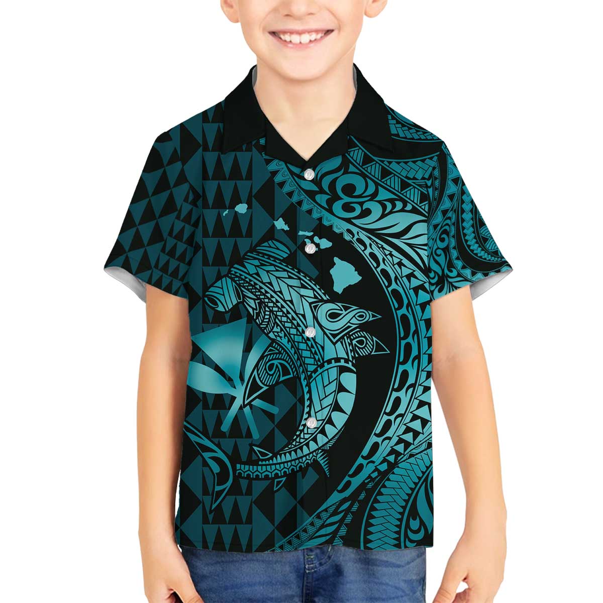 Aloha Hawaii Hammerhead Shark Family Matching Off Shoulder Short Dress and Hawaiian Shirt Turquoise Kakau and Polynesian Tattoo LT03 Son's Shirt Turquoise - Polynesian Pride