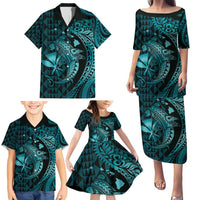 Aloha Hawaii Hammerhead Shark Family Matching Puletasi and Hawaiian Shirt Turquoise Kakau and Polynesian Tattoo LT03 - Polynesian Pride