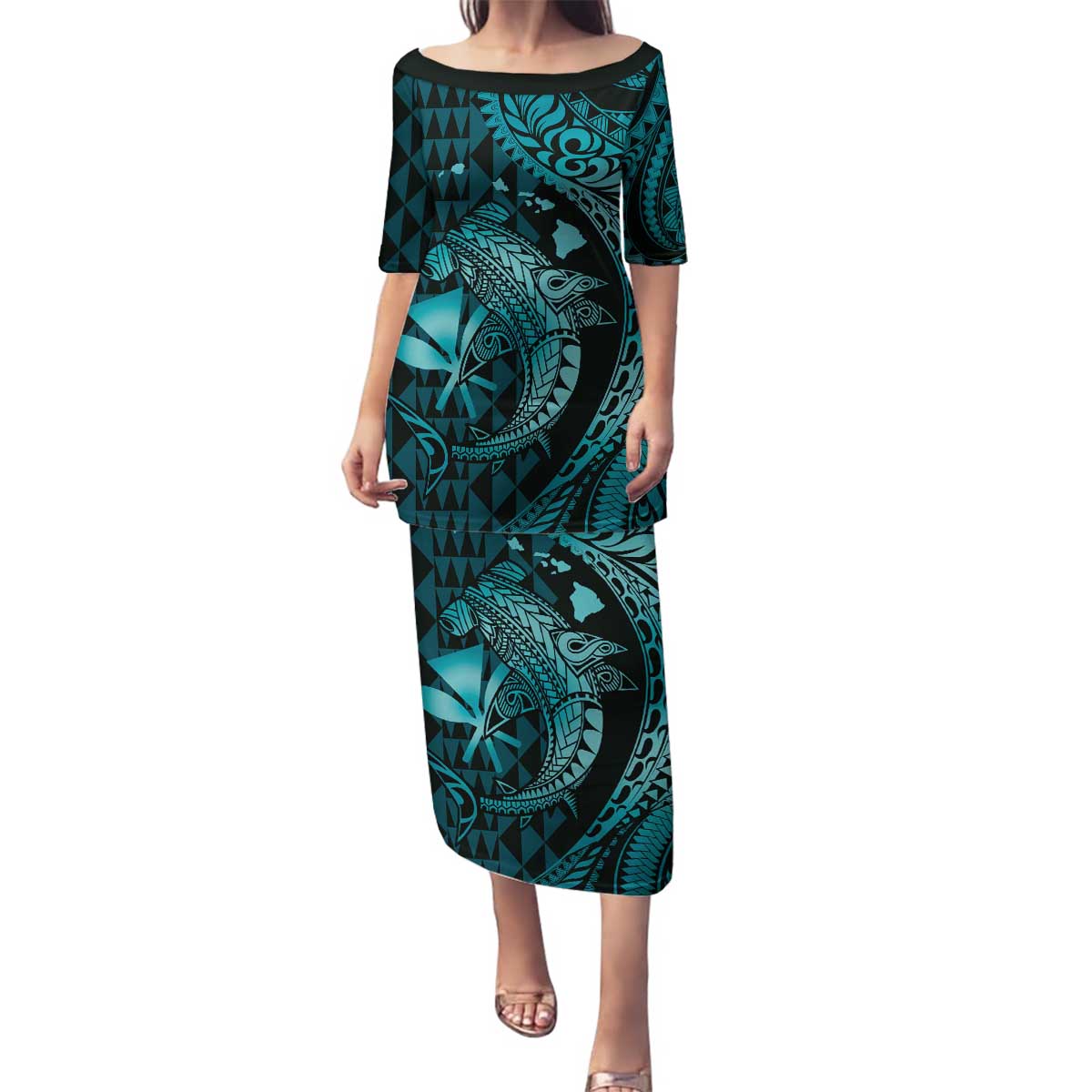 Aloha Hawaii Hammerhead Shark Family Matching Puletasi and Hawaiian Shirt Turquoise Kakau and Polynesian Tattoo LT03 Mom's Dress Turquoise - Polynesian Pride