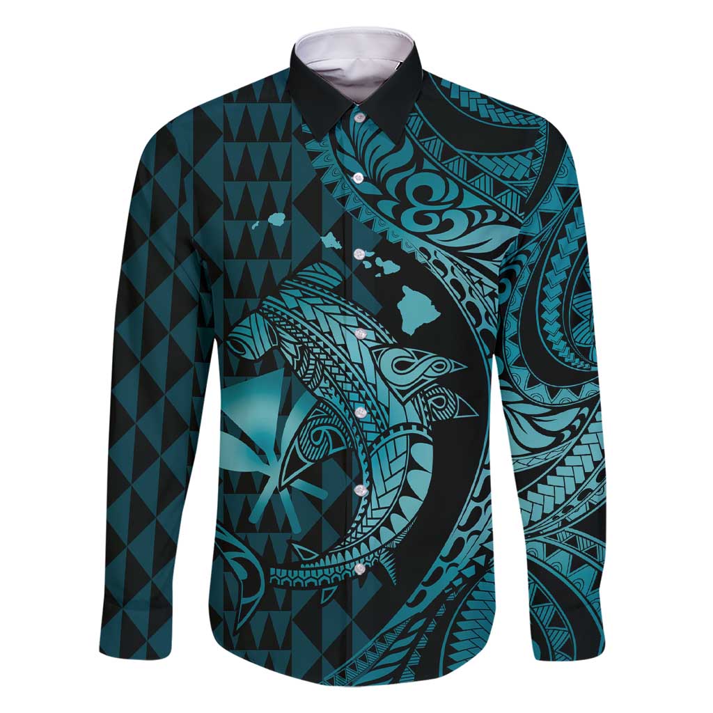 Aloha Hawaii Hammerhead Shark Family Matching Short Sleeve Bodycon Dress and Hawaiian Shirt Turquoise Kakau and Polynesian Tattoo LT03 Dad's Shirt - Long Sleeve Turquoise - Polynesian Pride