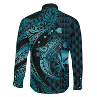 Aloha Hawaii Hammerhead Shark Family Matching Short Sleeve Bodycon Dress and Hawaiian Shirt Turquoise Kakau and Polynesian Tattoo LT03 - Polynesian Pride