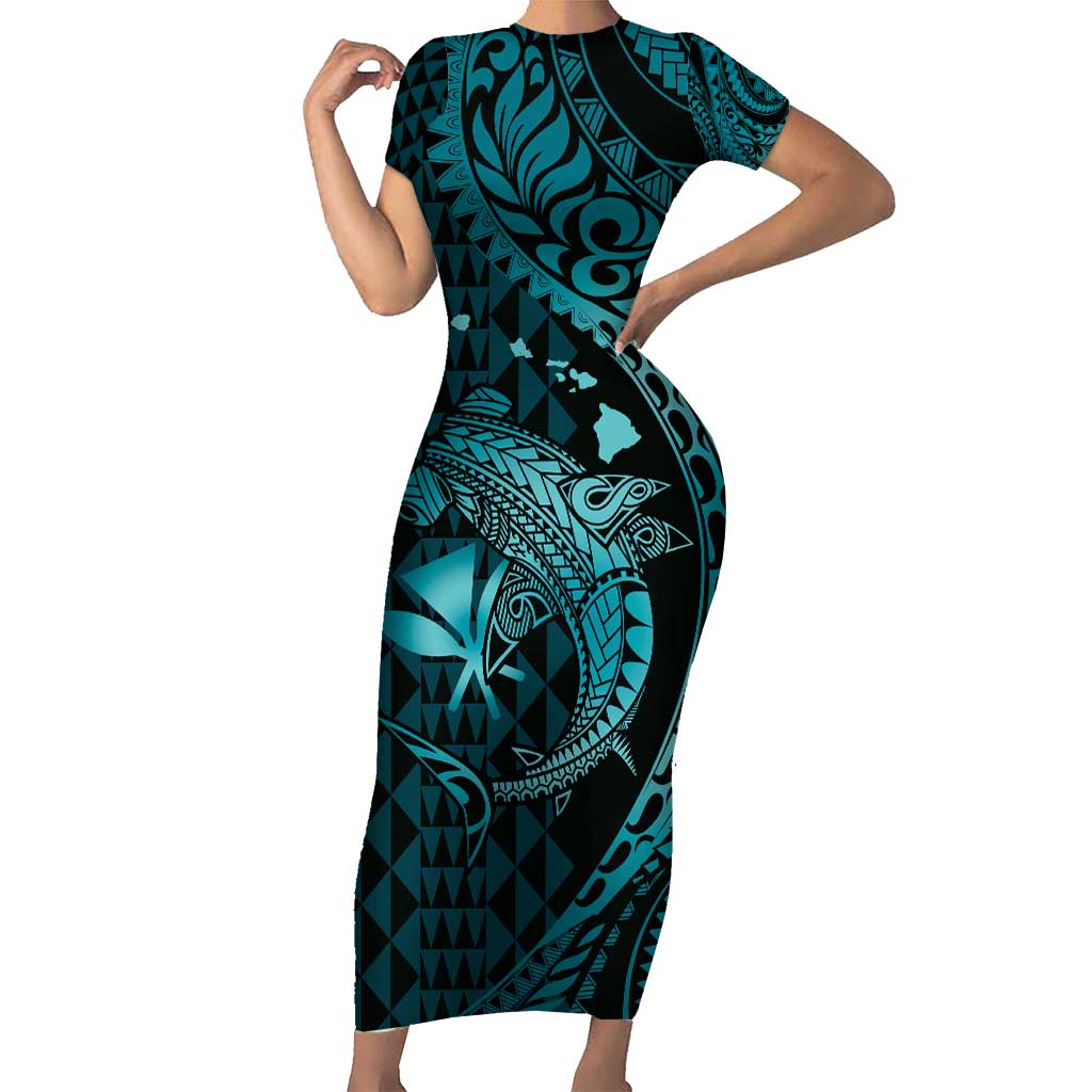Aloha Hawaii Hammerhead Shark Family Matching Short Sleeve Bodycon Dress and Hawaiian Shirt Turquoise Kakau and Polynesian Tattoo LT03 Mom's Dress Turquoise - Polynesian Pride