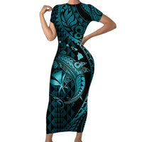 Aloha Hawaii Hammerhead Shark Family Matching Short Sleeve Bodycon Dress and Hawaiian Shirt Turquoise Kakau and Polynesian Tattoo LT03 Mom's Dress Turquoise - Polynesian Pride