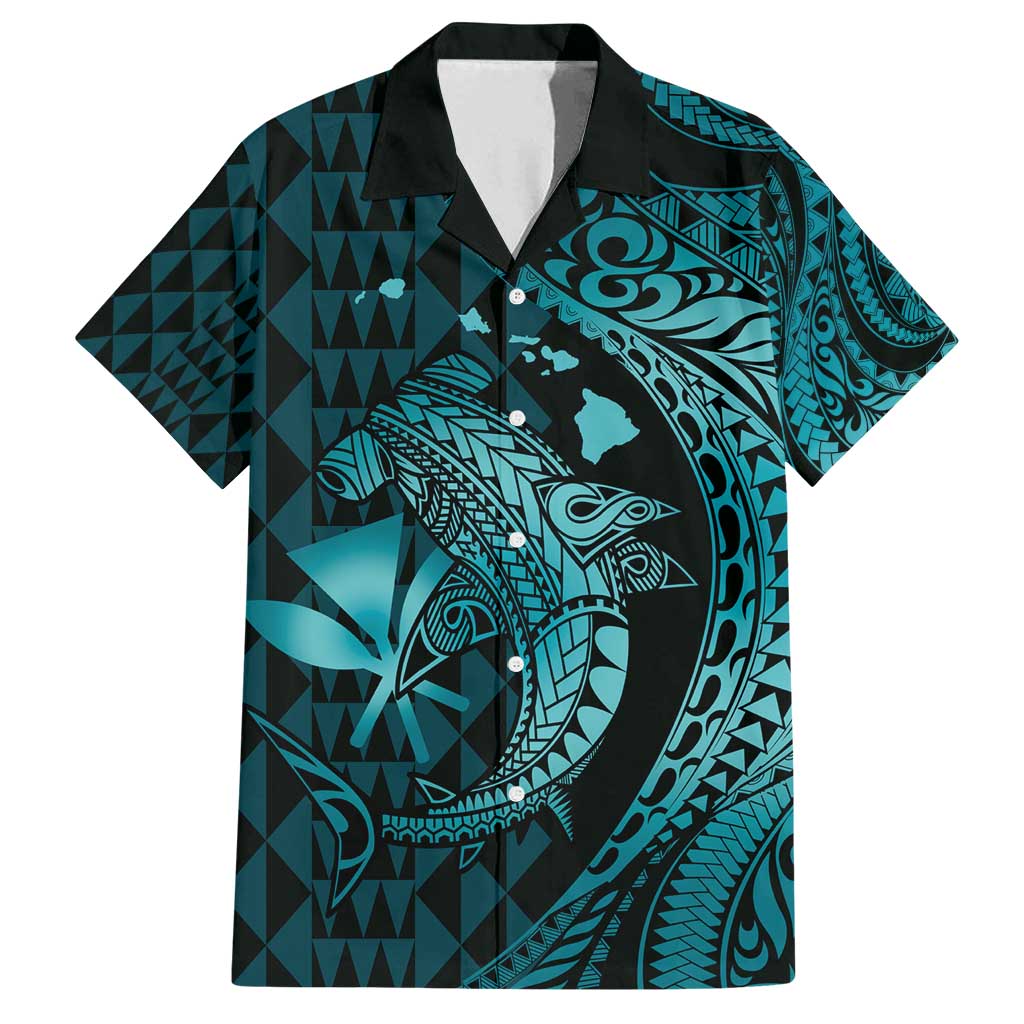 Aloha Hawaii Hammerhead Shark Family Matching Summer Maxi Dress and Hawaiian Shirt Turquoise Kakau and Polynesian Tattoo LT03 Dad's Shirt - Short Sleeve Turquoise - Polynesian Pride