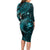 Aloha Hawaii Hammerhead Shark Long Sleeve Bodycon Dress Turquoise Kakau and Polynesian Tattoo LT03