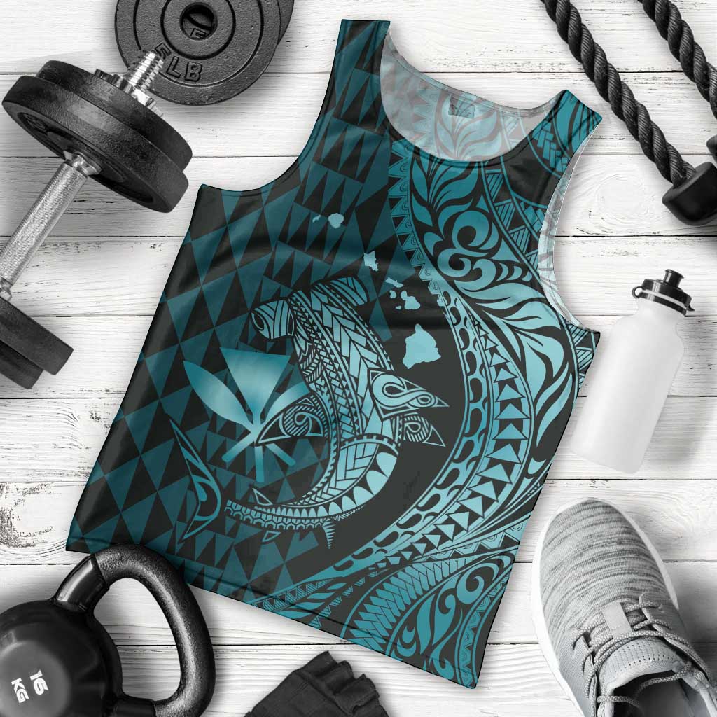Aloha Hawaii Hammerhead Shark Men Tank Top Turquoise Kakau and Polynesian Tattoo LT03