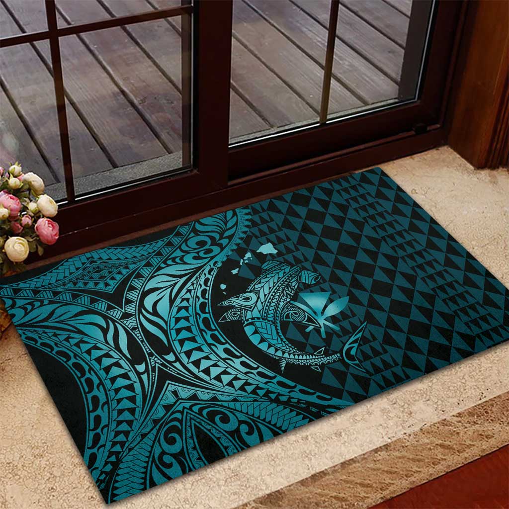 Aloha Hawaii Hammerhead Shark Rubber Doormat Turquoise Kakau and Polynesian Tattoo LT03
