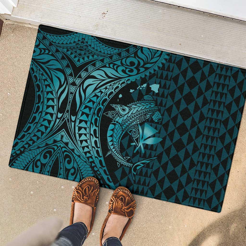 Aloha Hawaii Hammerhead Shark Rubber Doormat Turquoise Kakau and Polynesian Tattoo LT03