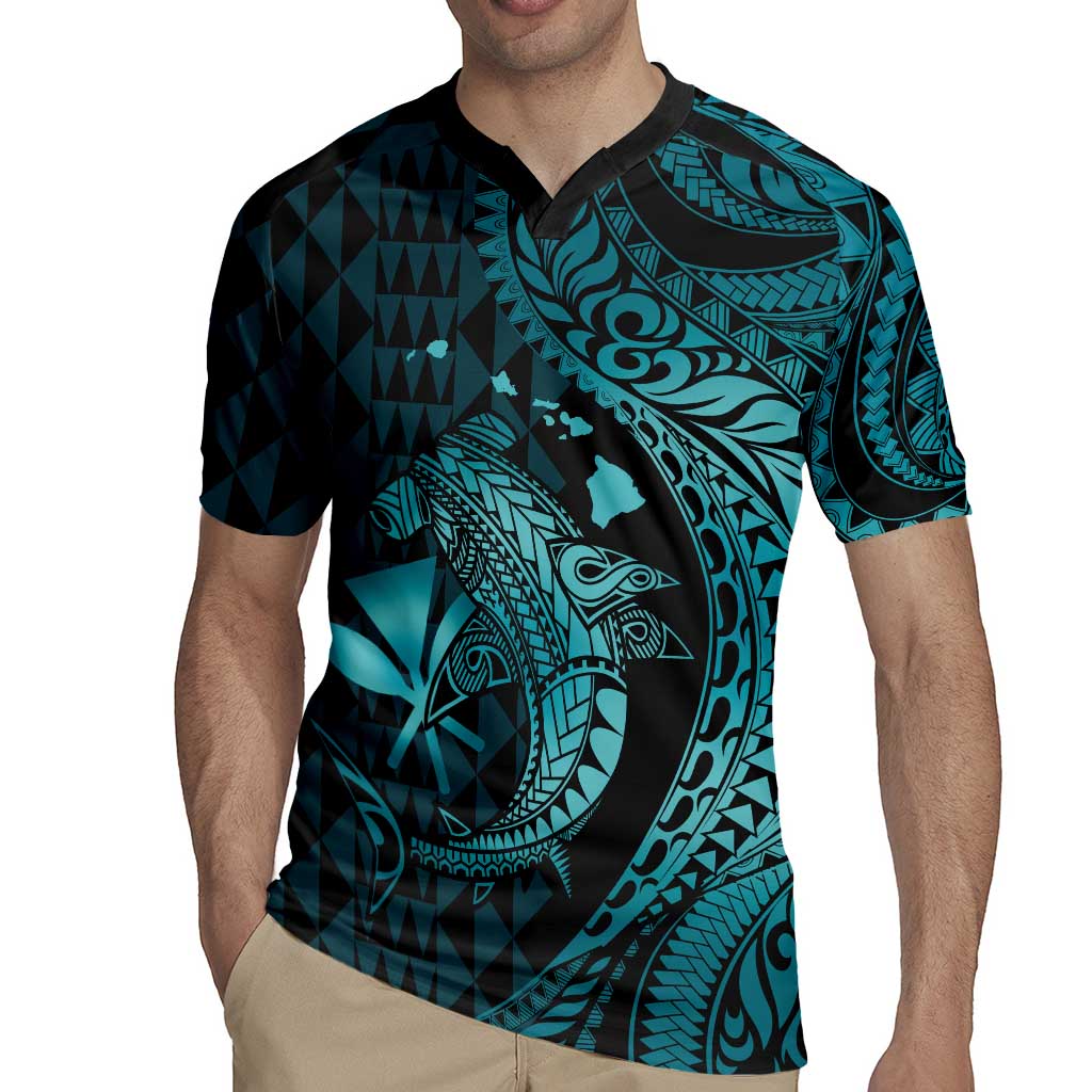 Aloha Hawaii Hammerhead Shark Rugby Jersey Turquoise Kakau and Polynesian Tattoo LT03 - Polynesian Pride