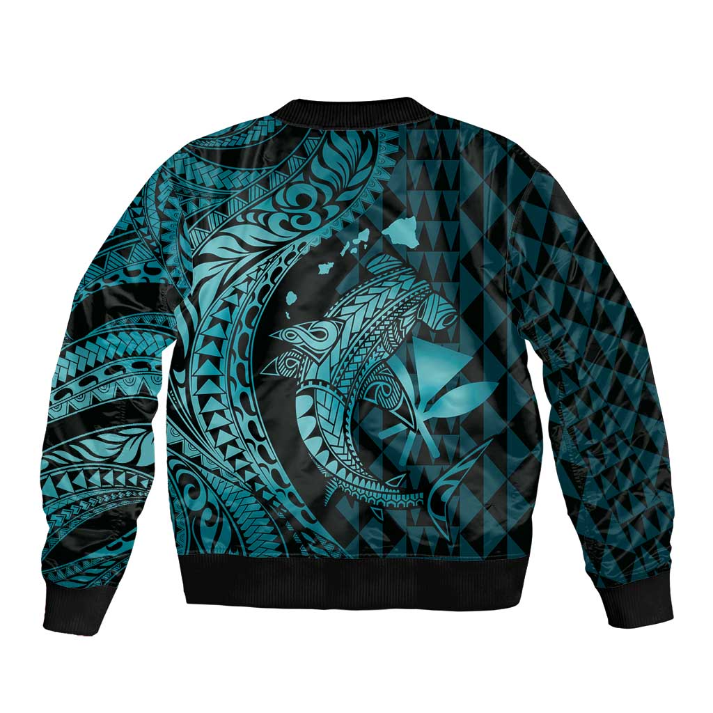 Aloha Hawaii Hammerhead Shark Sleeve Zip Bomber Jacket Turquoise Kakau and Polynesian Tattoo LT03 - Polynesian Pride
