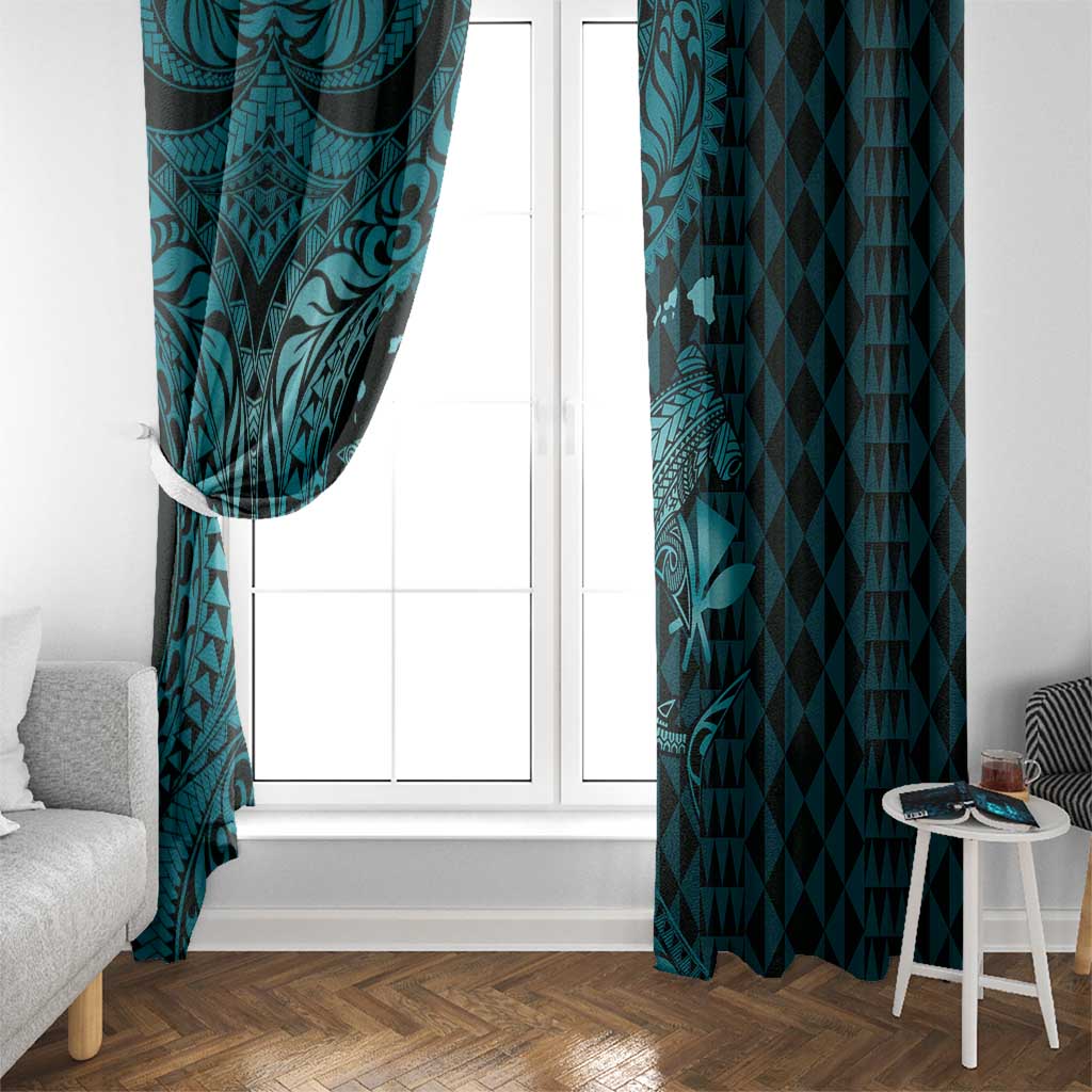 Aloha Hawaii Hammerhead Shark Window Curtain Turquoise Kakau and Polynesian Tattoo LT03