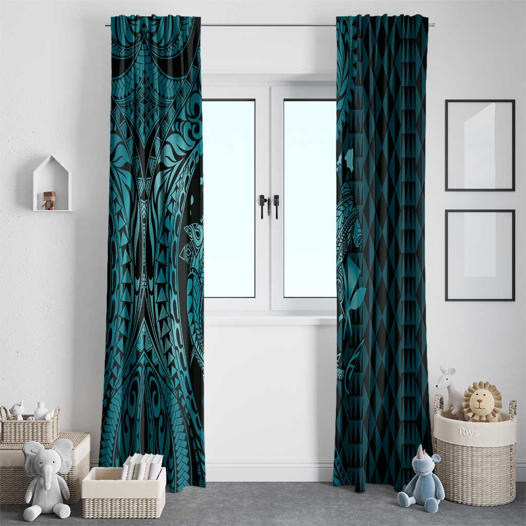 Aloha Hawaii Hammerhead Shark Window Curtain Turquoise Kakau and Polynesian Tattoo LT03