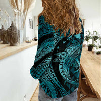 Aloha Hawaii Hammerhead Shark Women Casual Shirt Turquoise Kakau and Polynesian Tattoo LT03