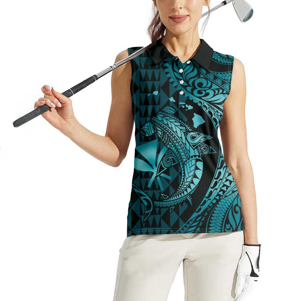 Aloha Hawaii Hammerhead Shark Women Sleeveless Polo Shirt Turquoise Kakau and Polynesian Tattoo LT03