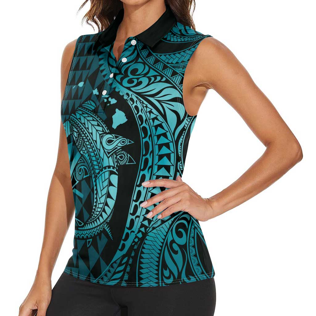 Aloha Hawaii Hammerhead Shark Women Sleeveless Polo Shirt Turquoise Kakau and Polynesian Tattoo LT03