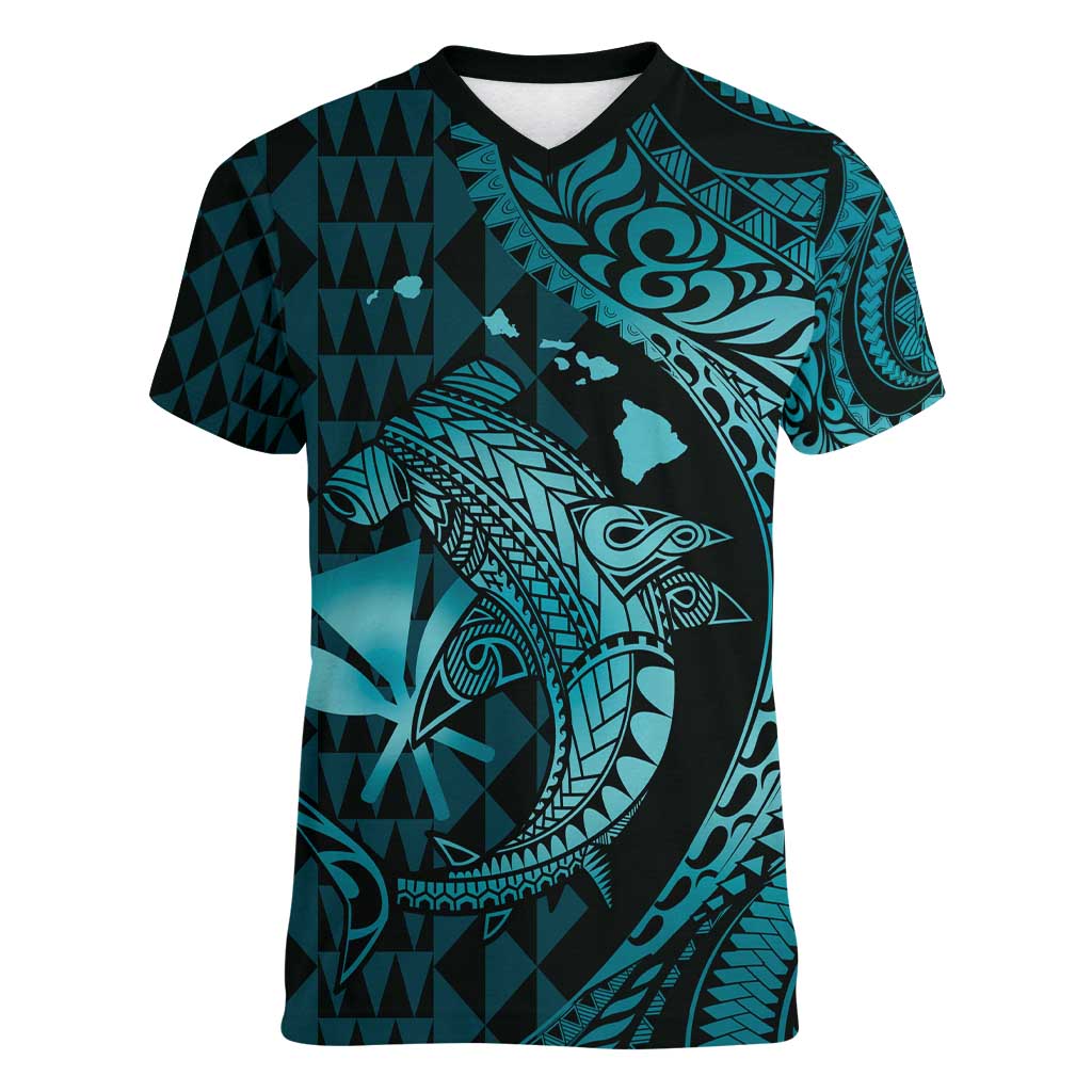 Aloha Hawaii Hammerhead Shark Women V-Neck T-Shirt Turquoise Kakau and Polynesian Tattoo LT03