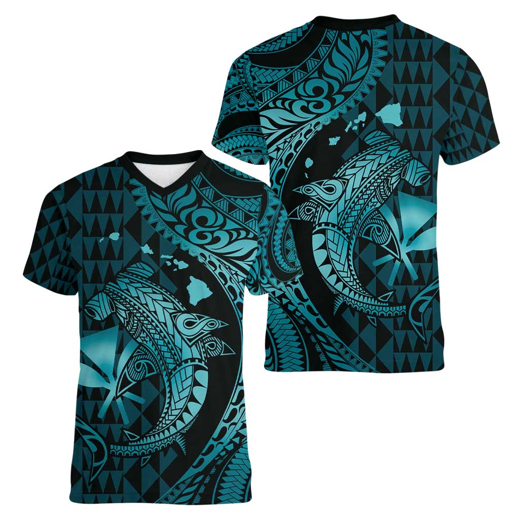 Aloha Hawaii Hammerhead Shark Women V-Neck T-Shirt Turquoise Kakau and Polynesian Tattoo LT03