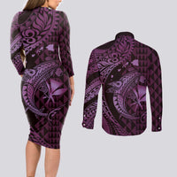 Aloha Hawaii Hammerhead Shark Couples Matching Long Sleeve Bodycon Dress and Long Sleeve Button Shirt Purple Kakau and Polynesian Tattoo LT03 - Polynesian Pride