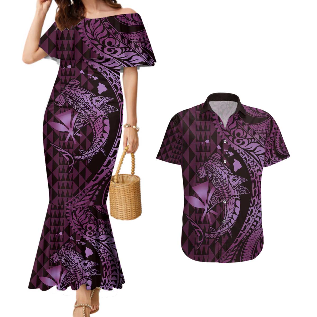 Aloha Hawaii Hammerhead Shark Couples Matching Mermaid Dress and Hawaiian Shirt Purple Kakau and Polynesian Tattoo LT03 Purple - Polynesian Pride