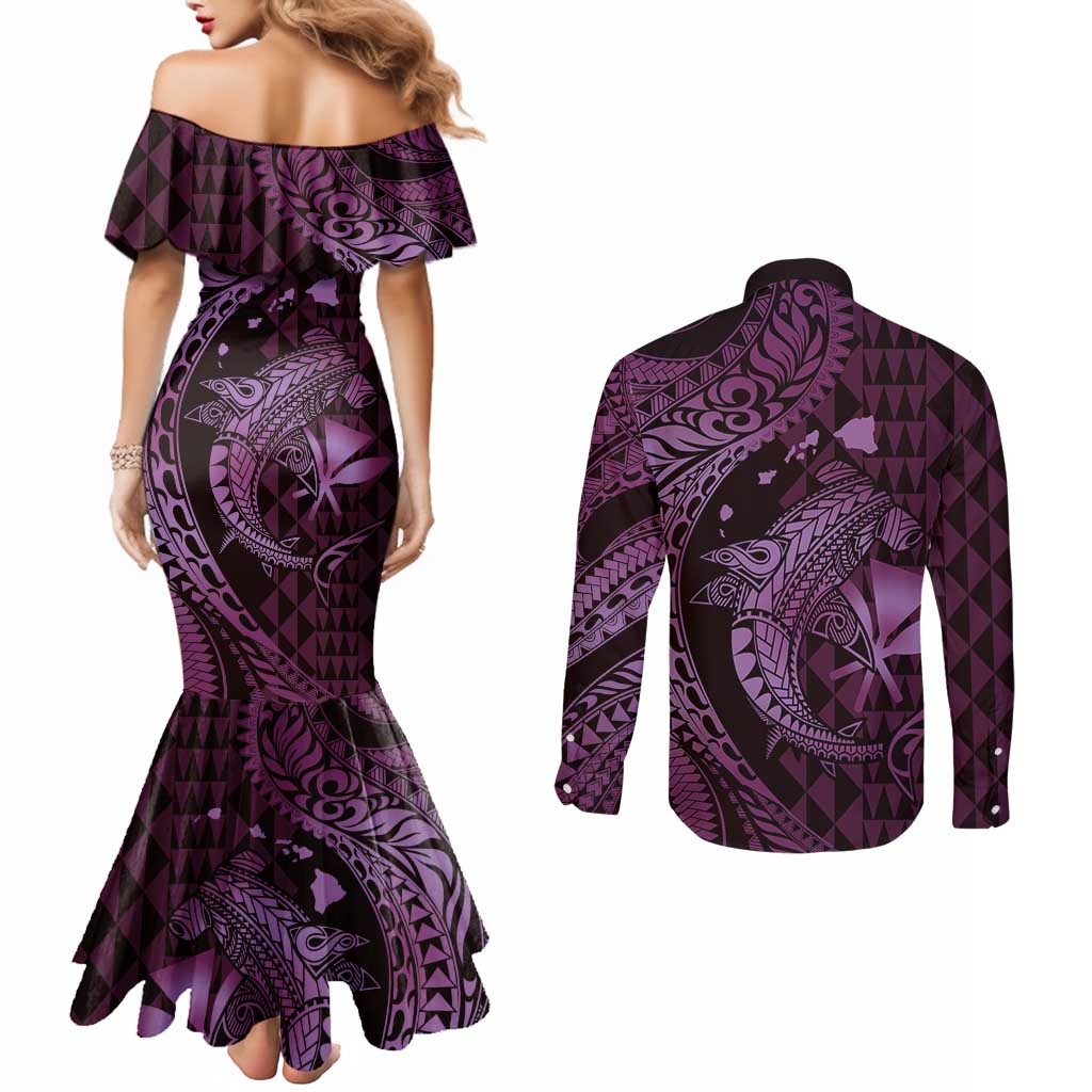 Aloha Hawaii Hammerhead Shark Couples Matching Mermaid Dress and Long Sleeve Button Shirt Purple Kakau and Polynesian Tattoo LT03 - Polynesian Pride