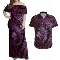 Aloha Hawaii Hammerhead Shark Couples Matching Off Shoulder Maxi Dress and Hawaiian Shirt Purple Kakau and Polynesian Tattoo LT03 Purple - Polynesian Pride