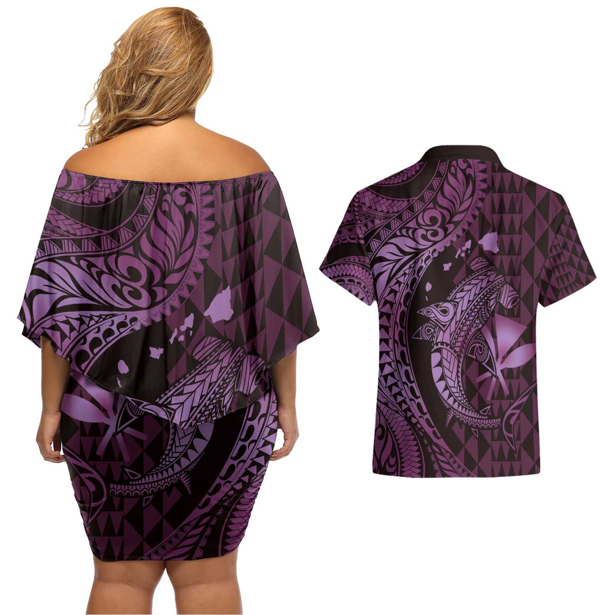 Aloha Hawaii Hammerhead Shark Couples Matching Off Shoulder Short Dress and Hawaiian Shirt Purple Kakau and Polynesian Tattoo LT03 - Polynesian Pride