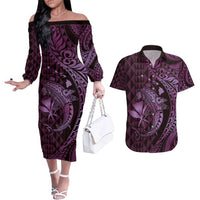 Aloha Hawaii Hammerhead Shark Couples Matching Off The Shoulder Long Sleeve Dress and Hawaiian Shirt Purple Kakau and Polynesian Tattoo LT03 Purple - Polynesian Pride