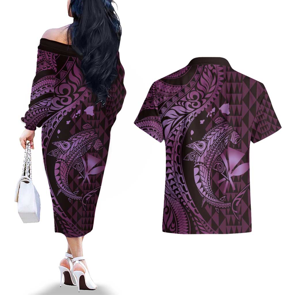 Aloha Hawaii Hammerhead Shark Couples Matching Off The Shoulder Long Sleeve Dress and Hawaiian Shirt Purple Kakau and Polynesian Tattoo LT03 - Polynesian Pride