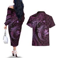 Aloha Hawaii Hammerhead Shark Couples Matching Off The Shoulder Long Sleeve Dress and Hawaiian Shirt Purple Kakau and Polynesian Tattoo LT03 - Polynesian Pride
