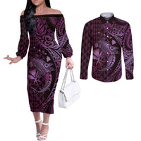 Aloha Hawaii Hammerhead Shark Couples Matching Off The Shoulder Long Sleeve Dress and Long Sleeve Button Shirt Purple Kakau and Polynesian Tattoo LT03 Purple - Polynesian Pride