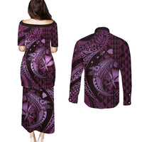 Aloha Hawaii Hammerhead Shark Couples Matching Puletasi and Long Sleeve Button Shirt Purple Kakau and Polynesian Tattoo LT03