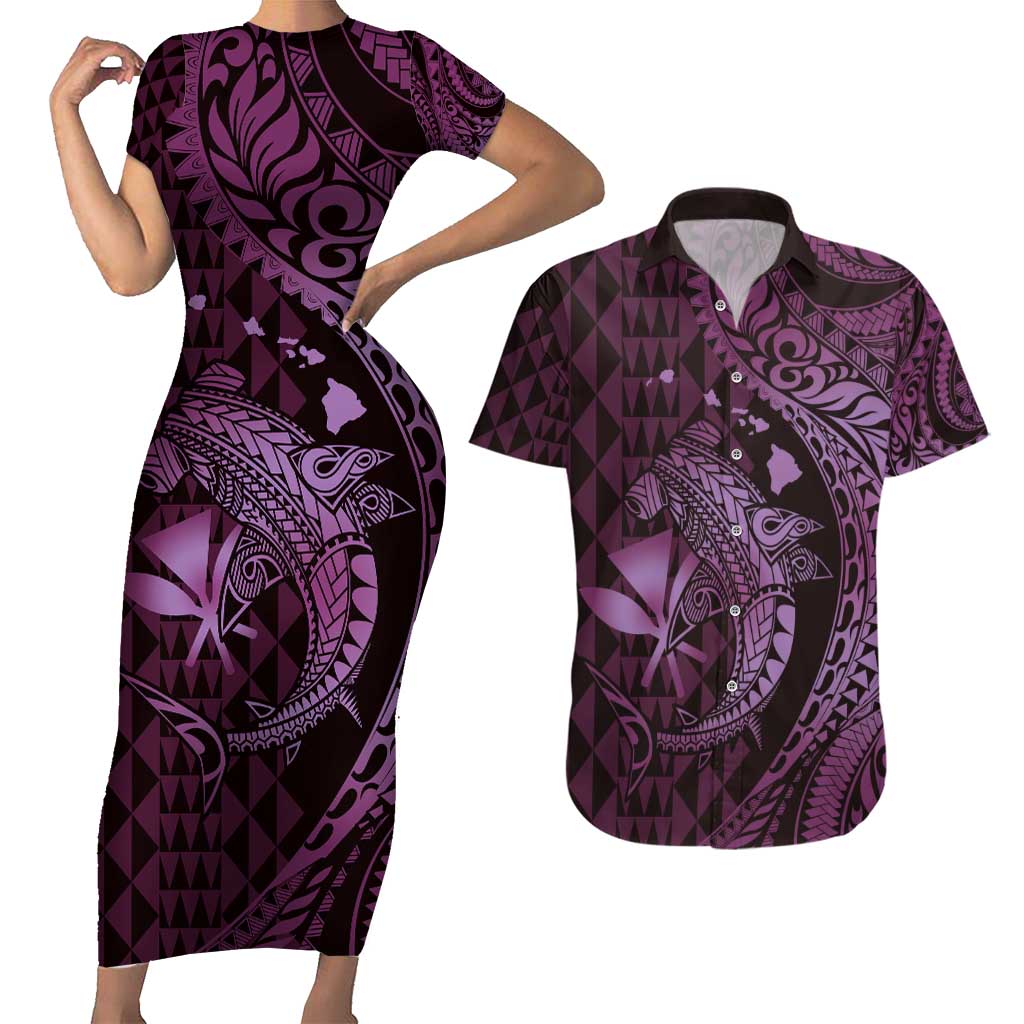 Aloha Hawaii Hammerhead Shark Couples Matching Short Sleeve Bodycon Dress and Hawaiian Shirt Purple Kakau and Polynesian Tattoo LT03 Purple - Polynesian Pride