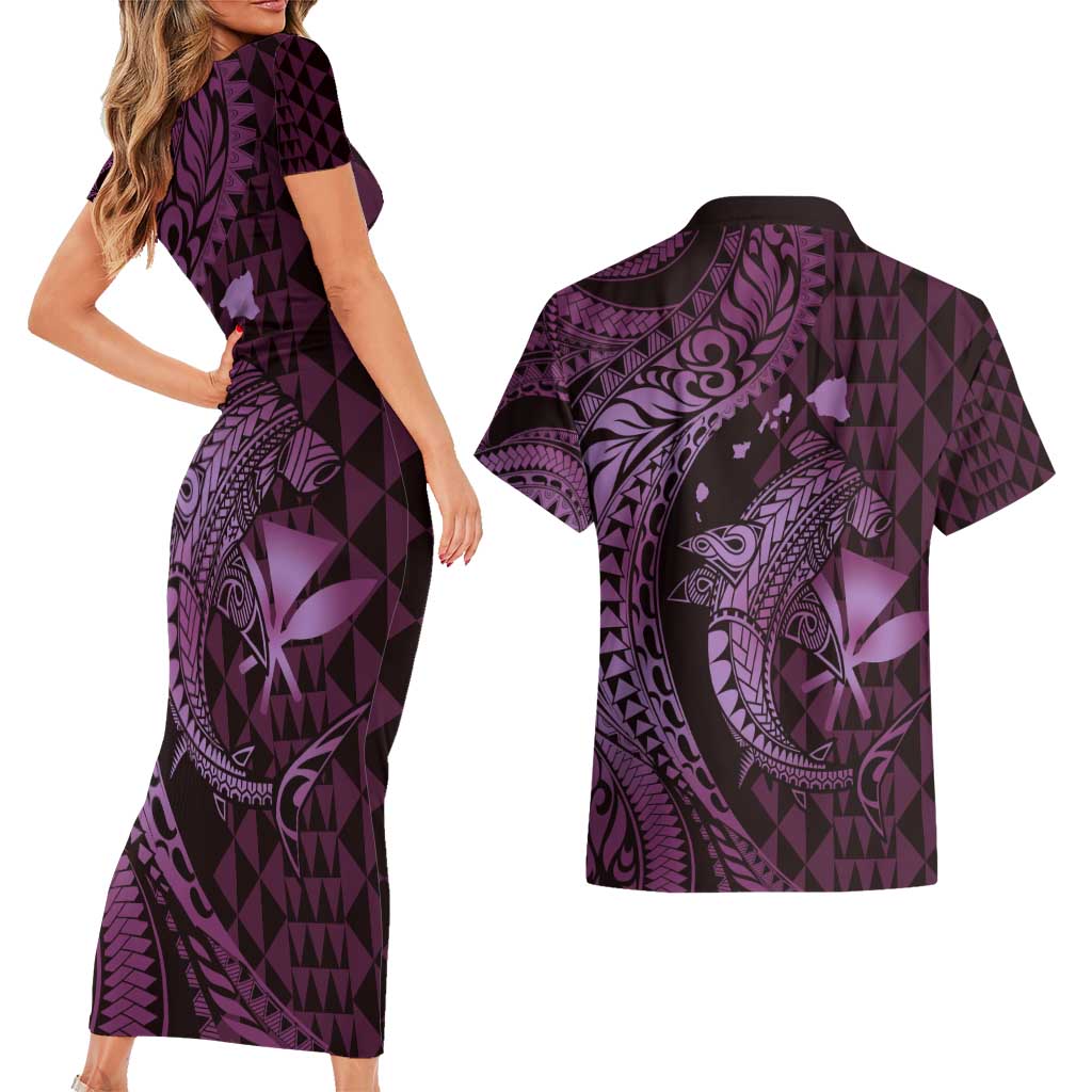 Aloha Hawaii Hammerhead Shark Couples Matching Short Sleeve Bodycon Dress and Hawaiian Shirt Purple Kakau and Polynesian Tattoo LT03 - Polynesian Pride