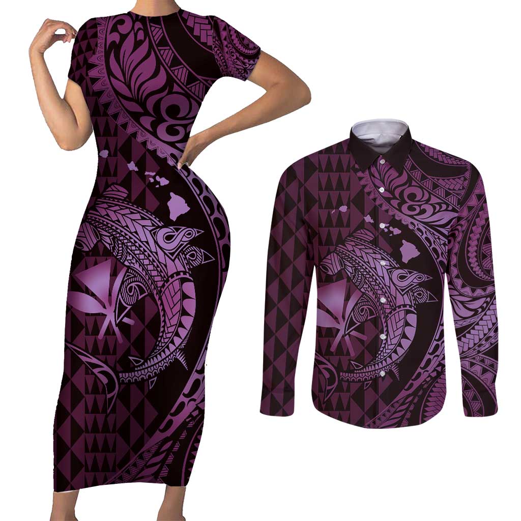 Aloha Hawaii Hammerhead Shark Couples Matching Short Sleeve Bodycon Dress and Long Sleeve Button Shirt Purple Kakau and Polynesian Tattoo LT03 Purple - Polynesian Pride