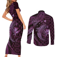 Aloha Hawaii Hammerhead Shark Couples Matching Short Sleeve Bodycon Dress and Long Sleeve Button Shirt Purple Kakau and Polynesian Tattoo LT03 - Polynesian Pride