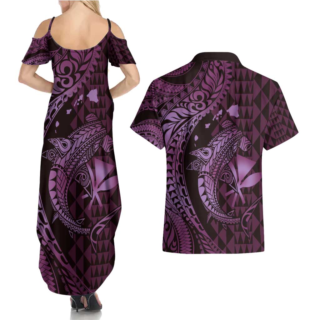 Aloha Hawaii Hammerhead Shark Couples Matching Summer Maxi Dress and Hawaiian Shirt Purple Kakau and Polynesian Tattoo LT03 - Polynesian Pride