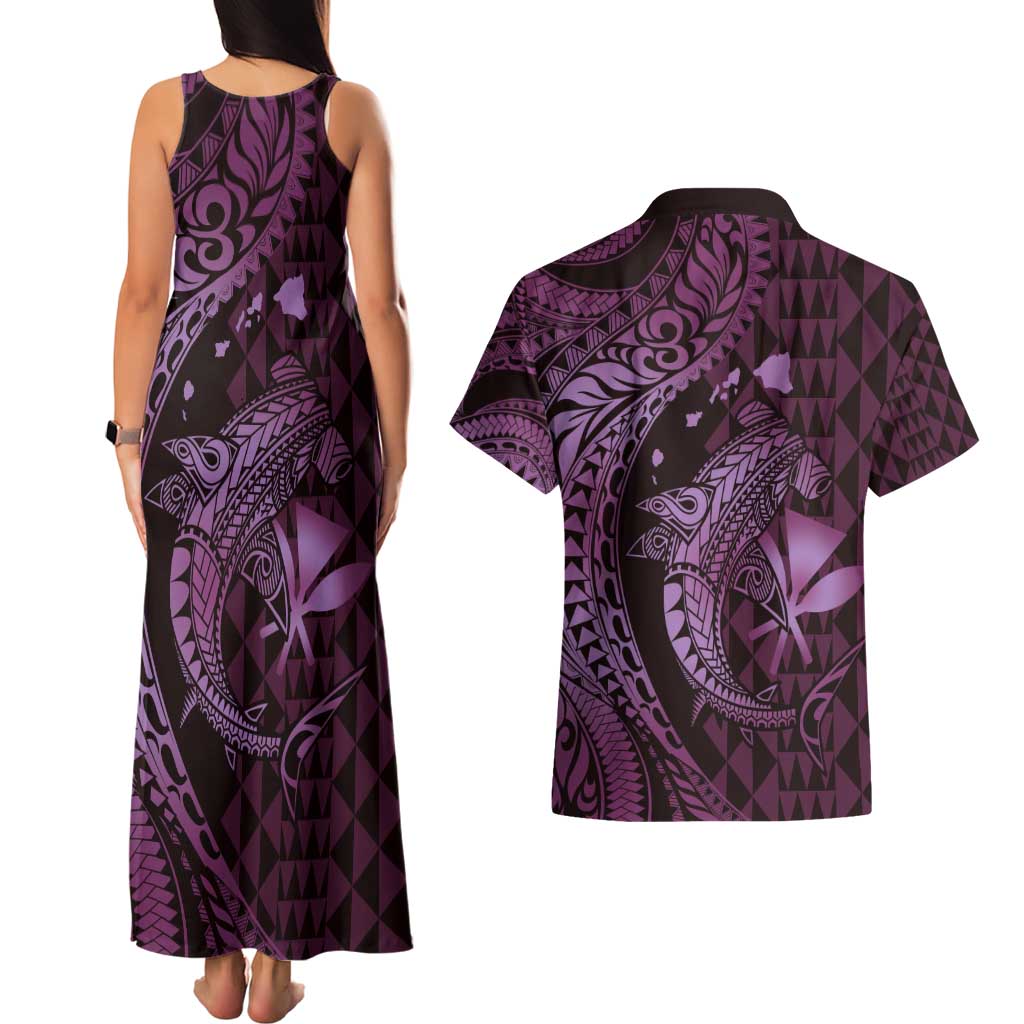 Aloha Hawaii Hammerhead Shark Couples Matching Tank Maxi Dress and Hawaiian Shirt Purple Kakau and Polynesian Tattoo LT03 - Polynesian Pride