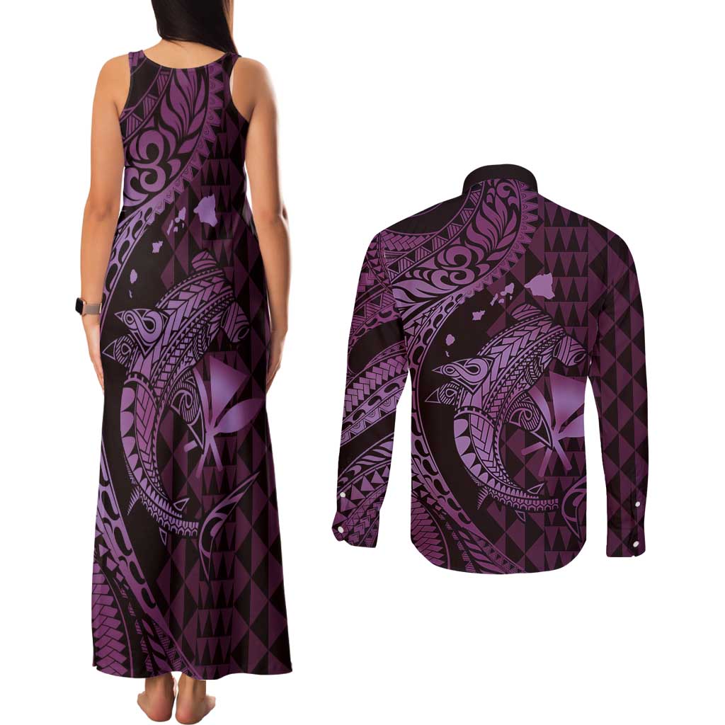 Aloha Hawaii Hammerhead Shark Couples Matching Tank Maxi Dress and Long Sleeve Button Shirt Purple Kakau and Polynesian Tattoo LT03