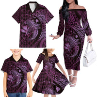 Aloha Hawaii Hammerhead Shark Family Matching Off The Shoulder Long Sleeve Dress and Hawaiian Shirt Purple Kakau and Polynesian Tattoo LT03 - Polynesian Pride