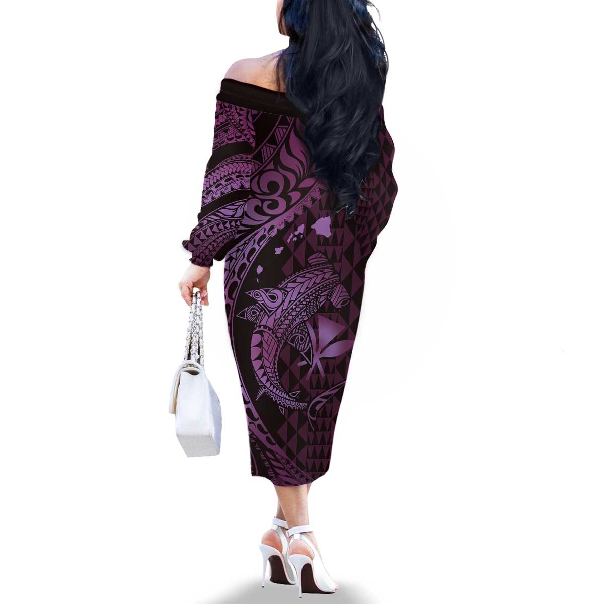 Aloha Hawaii Hammerhead Shark Family Matching Off The Shoulder Long Sleeve Dress and Hawaiian Shirt Purple Kakau and Polynesian Tattoo LT03 - Polynesian Pride