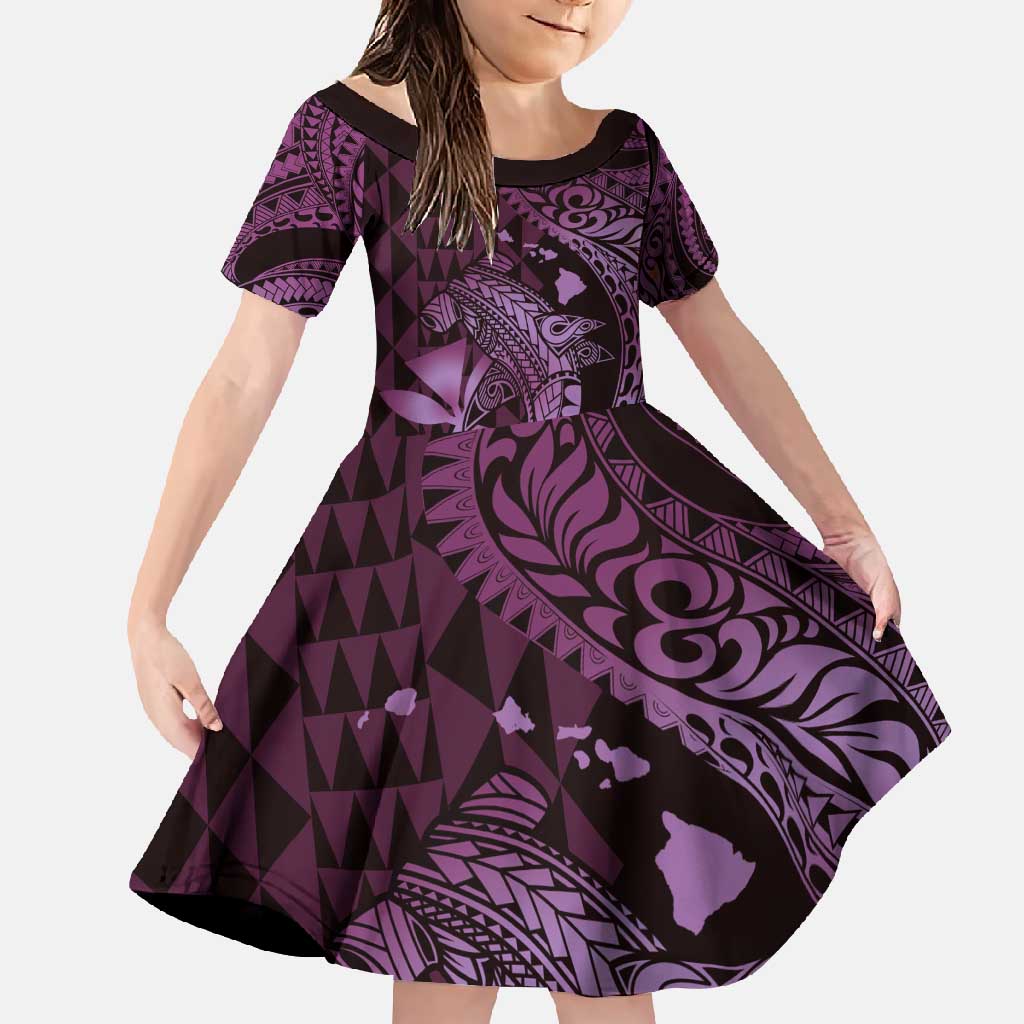 Aloha Hawaii Hammerhead Shark Family Matching Off Shoulder Maxi Dress and Hawaiian Shirt Purple Kakau and Polynesian Tattoo LT03 Daughter's Dress Purple - Polynesian Pride