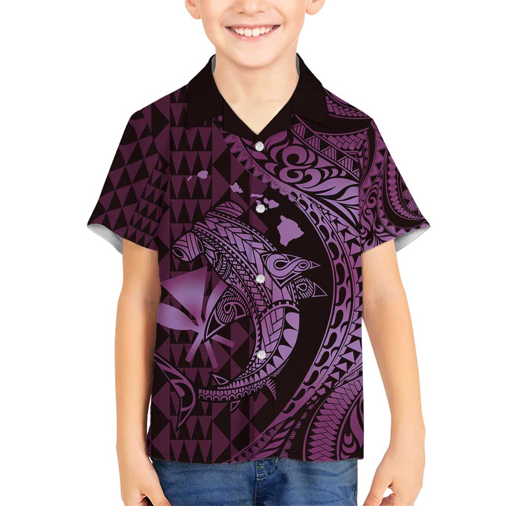 Aloha Hawaii Hammerhead Shark Family Matching Off Shoulder Maxi Dress and Hawaiian Shirt Purple Kakau and Polynesian Tattoo LT03 Son's Shirt Purple - Polynesian Pride