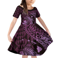 Aloha Hawaii Hammerhead Shark Family Matching Off Shoulder Short Dress and Hawaiian Shirt Purple Kakau and Polynesian Tattoo LT03 Daughter's Dress Purple - Polynesian Pride