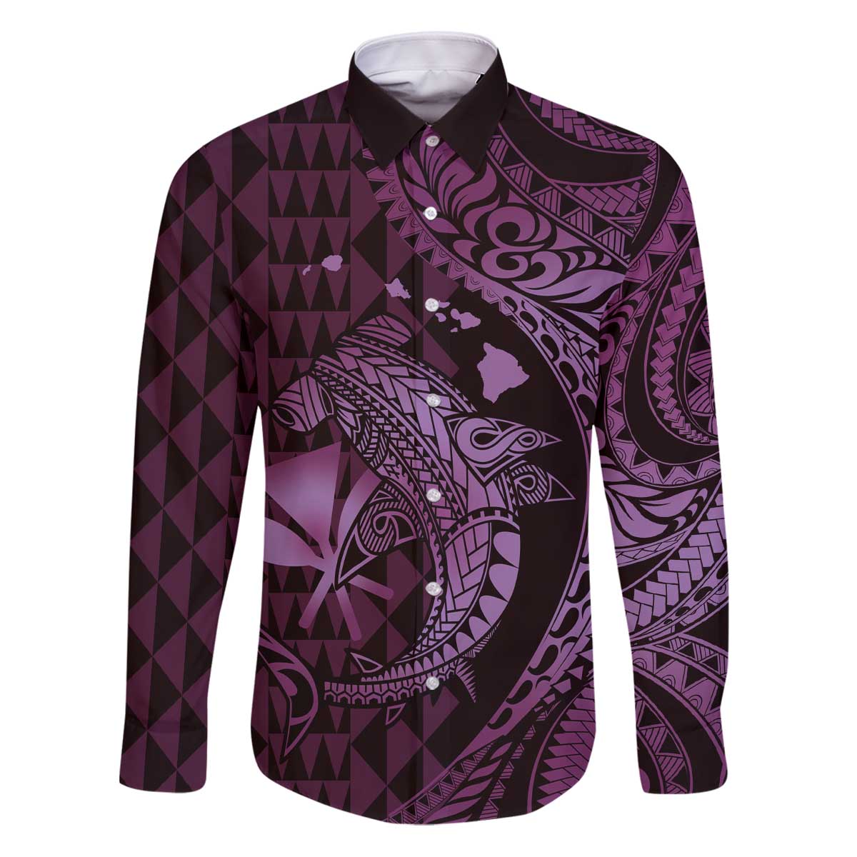 Aloha Hawaii Hammerhead Shark Family Matching Puletasi and Hawaiian Shirt Purple Kakau and Polynesian Tattoo LT03 Dad's Shirt - Long Sleeve Purple - Polynesian Pride