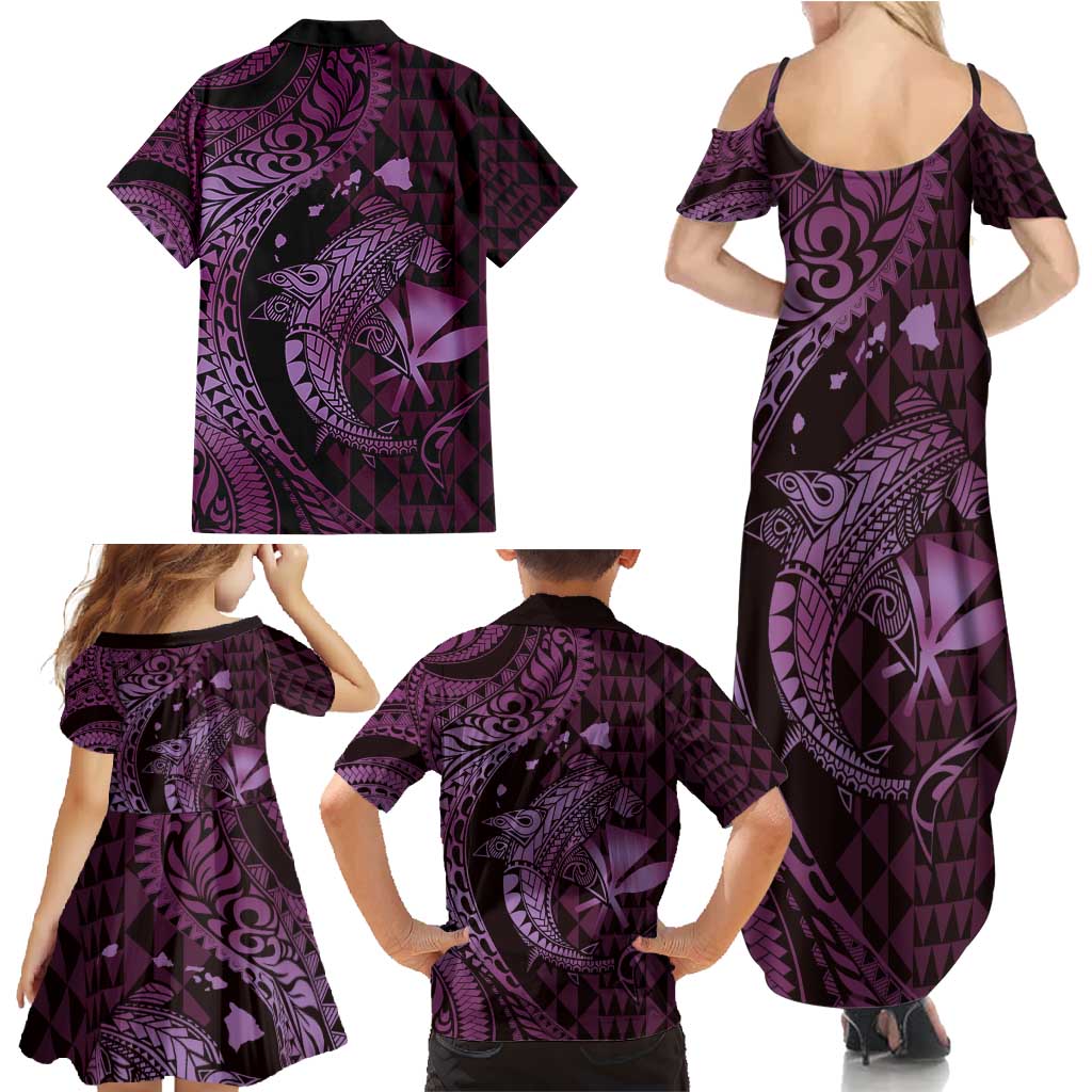 Aloha Hawaii Hammerhead Shark Family Matching Summer Maxi Dress and Hawaiian Shirt Purple Kakau and Polynesian Tattoo LT03 - Polynesian Pride