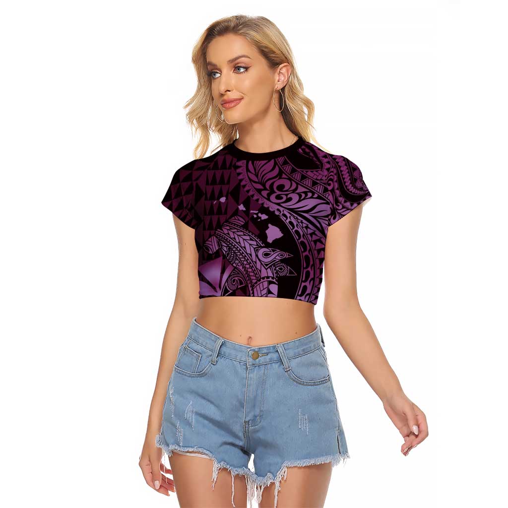 Aloha Hawaii Hammerhead Shark Raglan Cropped T Shirt Purple Kakau and Polynesian Tattoo LT03