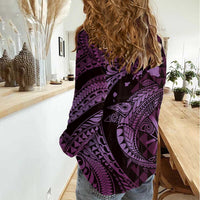 Aloha Hawaii Hammerhead Shark Women Casual Shirt Purple Kakau and Polynesian Tattoo LT03