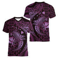 Aloha Hawaii Hammerhead Shark Women V-Neck T-Shirt Purple Kakau and Polynesian Tattoo LT03