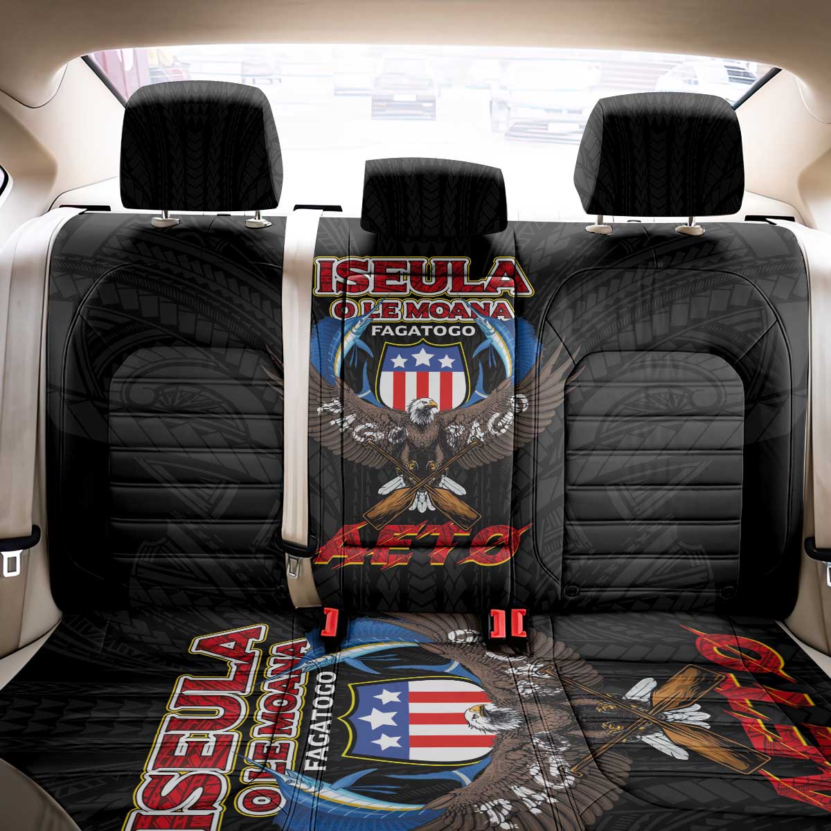 American Samoa Fautasi Back Car Seat Cover Pago Pago Aeto and Iseula o le Moana of Fagatogo Black Color LT03 - Polynesian Pride